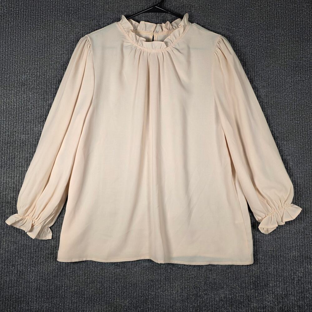 Womens Large Blush Mock Neck Ruffle Blouse Long Sleeve Sheer Office Top